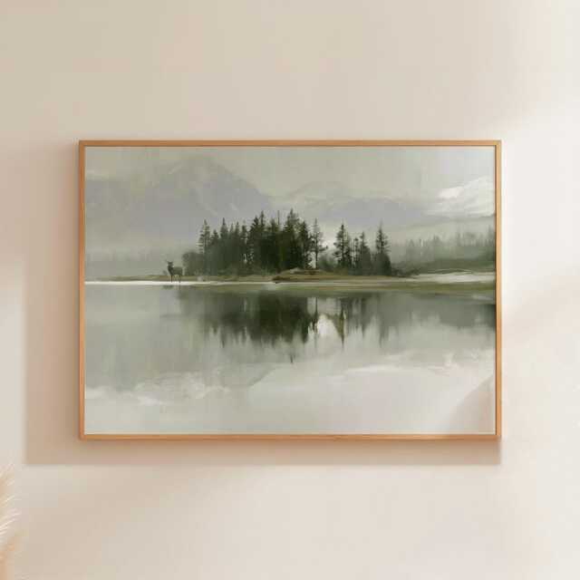 Misty Lake Landscape Poster, Pine Forest Paper Wall Art - image 1