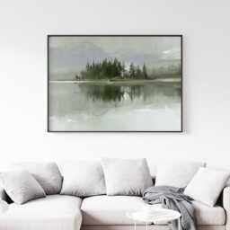Misty Lake Landscape Poster, Pine Forest Paper Wall Art - thumbnail 3