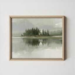 Misty Lake Landscape Poster, Pine Forest Paper Wall Art - thumbnail 2