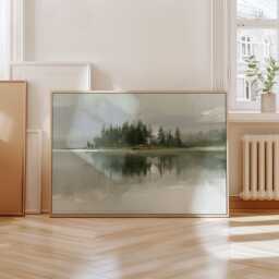 Misty Lake Landscape Poster, Pine Forest Paper Wall Art - thumbnail 4