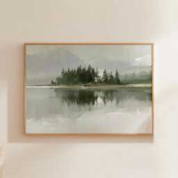 Misty Lake Landscape Poster, Pine Forest Paper Wall Art - thumbnail 1