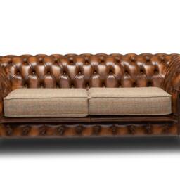 Chesterfield Belmont Real Leather Two/Three Seater Sofa Antique Tan & Harris Tweed - thumbnail 2