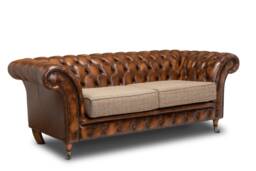 Chesterfield Belmont Real Leather Two/Three Seater Sofa Antique Tan & Harris Tweed - thumbnail 1