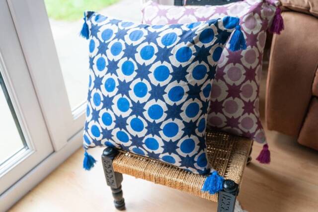 Indian Block Print Cushion, Large Floor Cushion, Moroccan Pattern Rustic Farmhouse Couch Cushion, Linen Woven Cushion, Beige - image 1