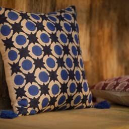 Indian Block Print Cushion, Large Floor Cushion, Moroccan Pattern Rustic Farmhouse Couch Cushion, Linen Woven Cushion, Beige - thumbnail 3