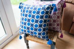 Indian Block Print Cushion, Large Floor Cushion, Moroccan Pattern Rustic Farmhouse Couch Cushion, Linen Woven Cushion, Beige - thumbnail 1