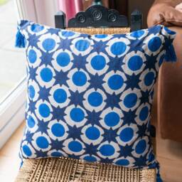 Indian Block Print Cushion, Large Floor Cushion, Moroccan Pattern Rustic Farmhouse Couch Cushion, Linen Woven Cushion, Beige - thumbnail 2