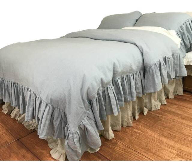 Duck Egg Blue Duvet Cover W. Mermaid Long Ruffle, Ruffle Bedding, Shabby Chic Bedding - image 1