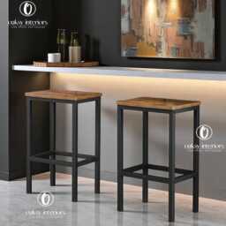 Set Of 2 Industrial Bar Stools - Rustic Brown Counter Height With Metal Frame, Kitchen Chairs, Narrow For Small Spaces - thumbnail 2
