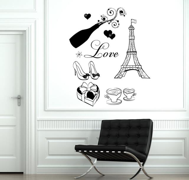 Wall Decal Paris Eiffel Coffee Champagne Candy Shoes Love Vinyl Sticker 1817Dz - image 1