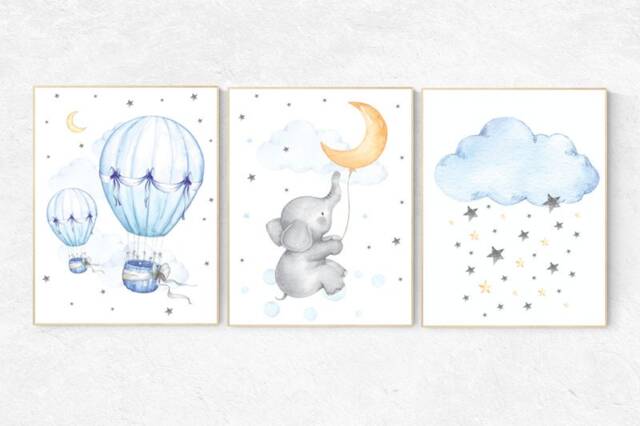 Elephant Nursery Print Set Hot Air Balloon, Moon, Cloud Wall Art - image 1