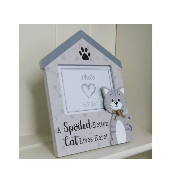 Cat Photo Frame Picture A Spoiled Rotten Lives Here Wooden Grey 3.5x5 - image 1