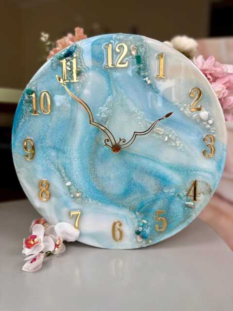 Soft Blue Wall Clock Natural Stones, Modern Art Decor - image 1