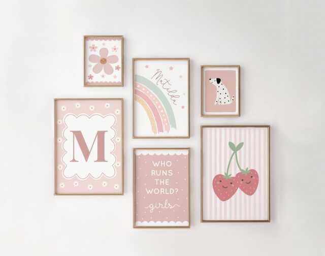 Girls Room Prints, Set Of 6, Gallery Wall Personalised Art, Nursery Neutral Bedroom, Pink Beige Decor - image 1