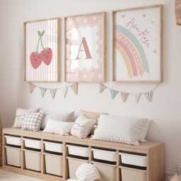 Girls Room Prints, Set Of 6, Gallery Wall Personalised Art, Nursery Neutral Bedroom, Pink Beige Decor - thumbnail 2
