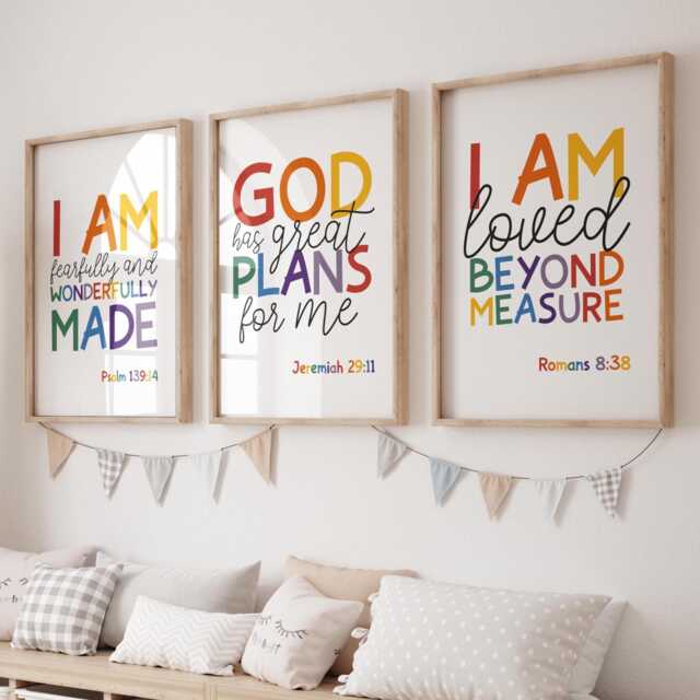 Set Of 3 Bible Verse Prints, Christian Nursery Wall Art, Rainbow Girls Bedroom Decor, Boys Prints Colourful - image 1