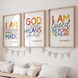 Set Of 3 Bible Verse Prints, Christian Nursery Wall Art, Rainbow Girls Bedroom Decor, Boys Prints Colourful - thumbnail 1
