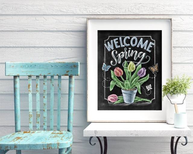 Welcome Spring Chalk Art Print, Tulips & Butterflies, Floral Wall - image 1