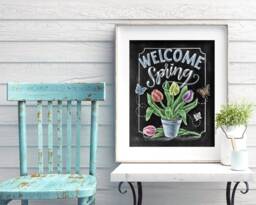 Welcome Spring Chalk Art Print, Tulips & Butterflies, Floral Wall - thumbnail 1