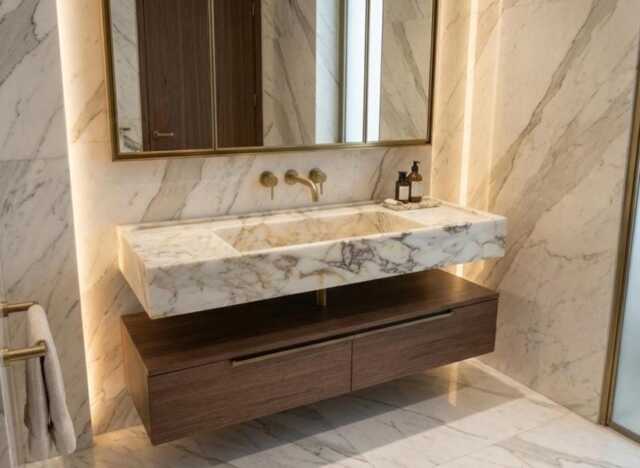 Calacatta Viola Marble Sink Wall Mount Sink, Bathroom Powder Room Gold , Basin Vanity, Sink Design - image 1