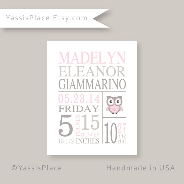 Personalized Baby Gifts - Pink Gray Owl Nursery Wall Decor For Girl New Baby Gift Birth Announcement Stats Art - image 1