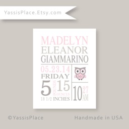 Personalized Baby Gifts - Pink Gray Owl Nursery Wall Decor For Girl New Baby Gift Birth Announcement Stats Art - thumbnail 1