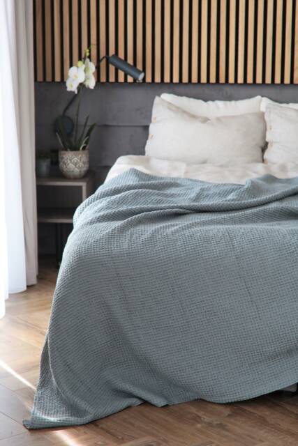 Waffle Texture Linen Blanket in Blush Blue Color, Linen Cotton Bed Cover, Bedspread, Coverlet - image 1