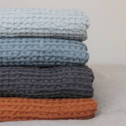 Waffle Texture Linen Blanket in Blush Blue Color, Linen Cotton Bed Cover, Bedspread, Coverlet - thumbnail 4