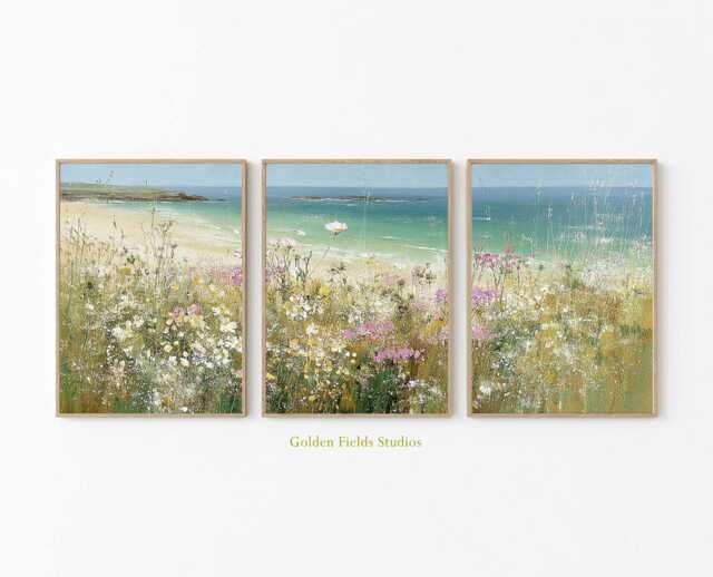 Coastal Beach Prints Set Seaside Wildflower Meadow Wall Art - image 1