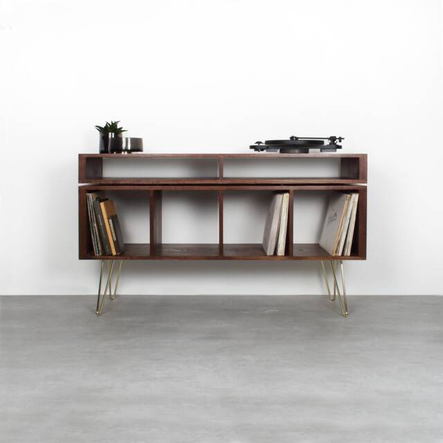 "Vinyl Storage Record Player Stand Media Console Large Dark Ash Brass Hairpin Legs. ""Kelston Mid Century Ash" - image 1