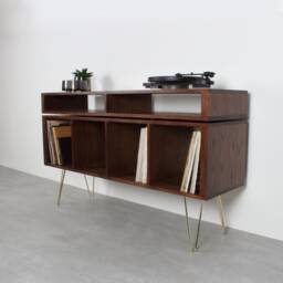 "Vinyl Storage Record Player Stand Media Console Large Dark Ash Brass Hairpin Legs. ""Kelston Mid Century Ash" - thumbnail 2