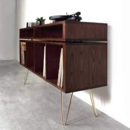 "Vinyl Storage Record Player Stand Media Console Large Dark Ash Brass Hairpin Legs. ""Kelston Mid Century Ash" - thumbnail 3