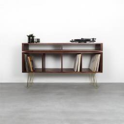 "Vinyl Storage Record Player Stand Media Console Large Dark Ash Brass Hairpin Legs. ""Kelston Mid Century Ash" - thumbnail 1
