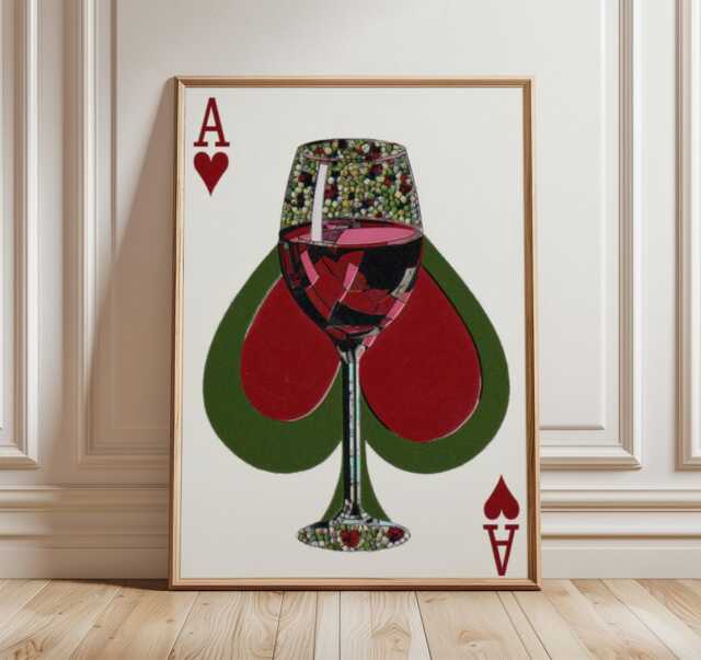 Wine Glass Playing Card Poster, Abstract Ace Of Hearts Art Print, Modern Minimalist Wall Art, Retro Bar & Kitchen Decor - image 1