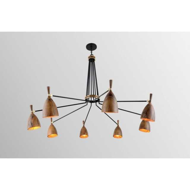 1950S Mid-Century Modern Sputnik Chandelier Brass & Wood 8-Light Pendant - image 1