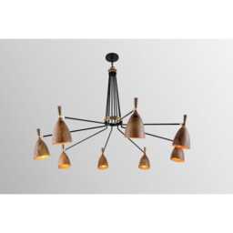 1950S Mid-Century Modern Sputnik Chandelier Brass & Wood 8-Light Pendant - thumbnail 1