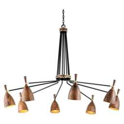 1950S Mid-Century Modern Sputnik Chandelier Brass & Wood 8-Light Pendant - thumbnail 2