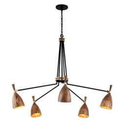 1950S Mid-Century Modern Sputnik Chandelier Brass & Wood 8-Light Pendant - thumbnail 3