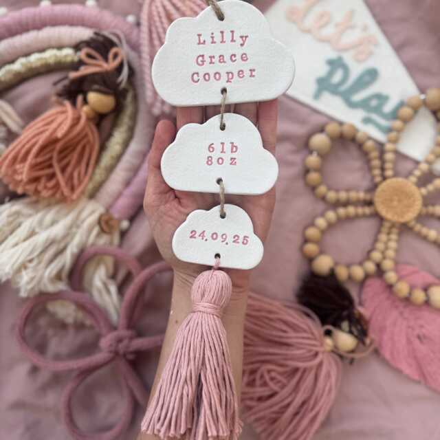 Personalised Baby Cloud Keepsake Gift Handmade Clay Ornament, Custom Wall Hanging For Nursery Decor - image 1
