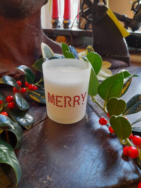 Austrian Crystal Glass Christmas Candle Votive, Merry, 45 Hours Burn Time For Candle, Then Use As A Tea Lite Holder