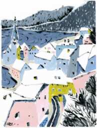 Large Wall Art Print, Hallstatt, Austria Fine Art Print, Whimsical Town, Snowy Town Painting, Cityscape, Art, Home Decor - thumbnail 1