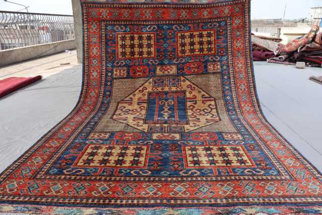 5x8 Kazak Area Rug Navy Blue Caucasian Hand Knotted Veg Dyes Wool Afghan Rug, Bedroom Rug, Rugs For Living Room, Oriental Geometric - image 1