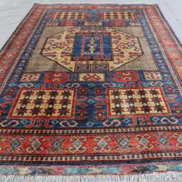 5x8 Kazak Area Rug Navy Blue Caucasian Hand Knotted Veg Dyes Wool Afghan Rug, Bedroom Rug, Rugs For Living Room, Oriental Geometric - thumbnail 3
