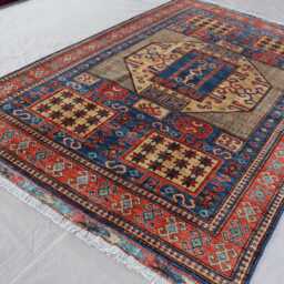 5x8 Kazak Area Rug Navy Blue Caucasian Hand Knotted Veg Dyes Wool Afghan Rug, Bedroom Rug, Rugs For Living Room, Oriental Geometric - thumbnail 2