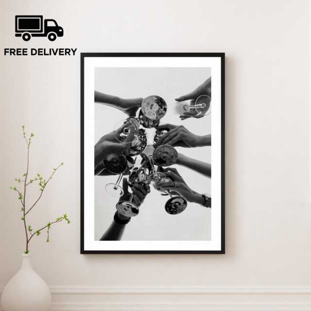 Vintage Cheers Champagne Glasses Print, Luxury Fashion, Fine Art Photography Wall Art, Museum Quality Classic Black & White Poster - image 1