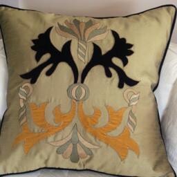 Decorative Gold Pillow Cover With Chocolate & Caramel Applique Design, Pillow Case, Throw Pillow, Home Decor, Living - thumbnail 2