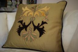 Decorative Gold Pillow Cover With Chocolate & Caramel Applique Design, Pillow Case, Throw Pillow, Home Decor, Living - thumbnail 1