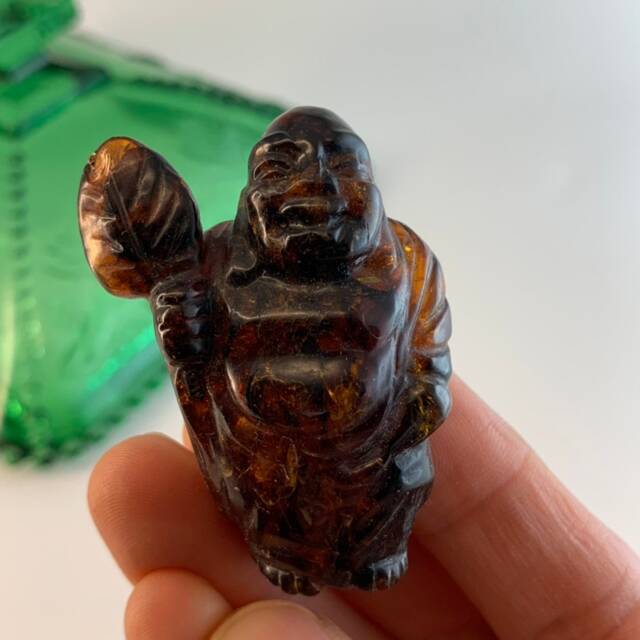 Hand Carved Vintage Amber Happy Buddha Charm - image 1