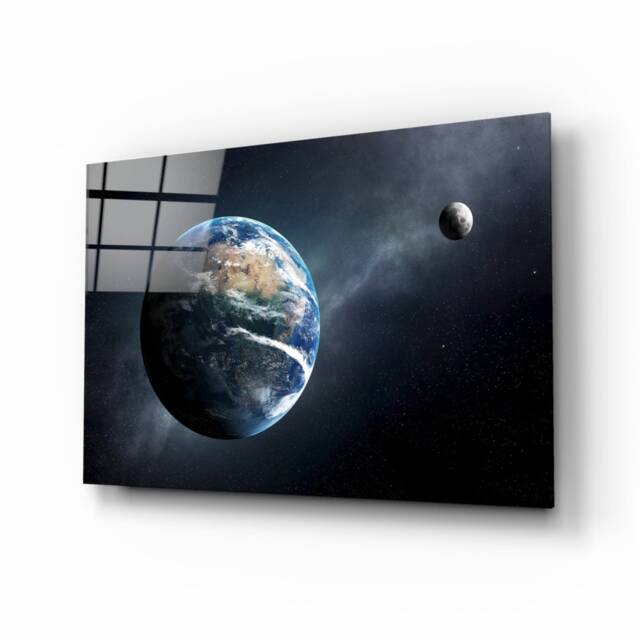 Earth & Moon Space Scene - Realistic Planet View Tempered Glass Wall Art For Modern Interiors - image 1