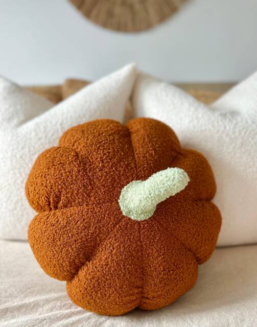 Burnt Orange Sherpa Pumpkin Pillow, Sage Green Stem - image 1